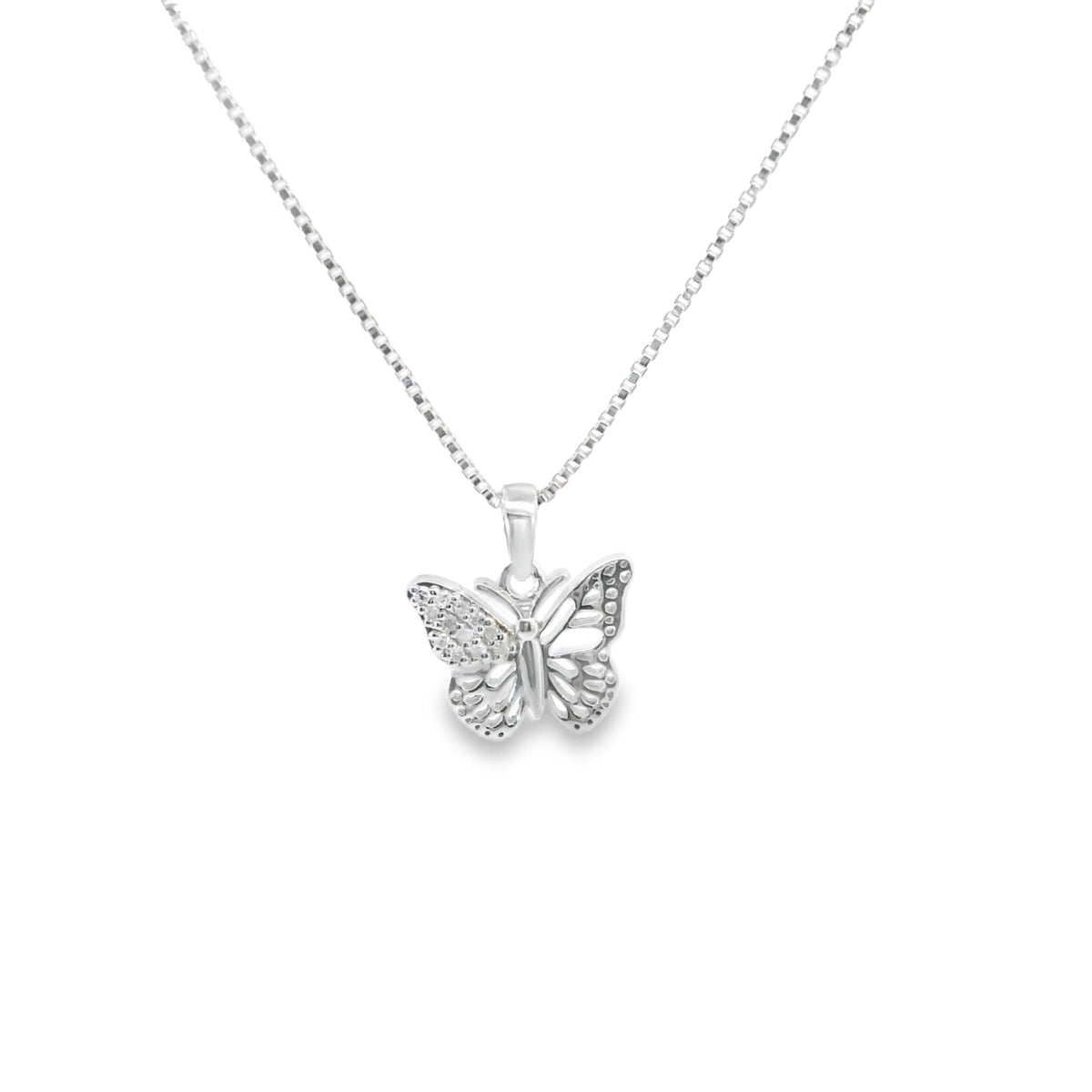 Sterling Silver 18 Inch Necklace Set with Elegant Mini Butterfly Diamond Charm