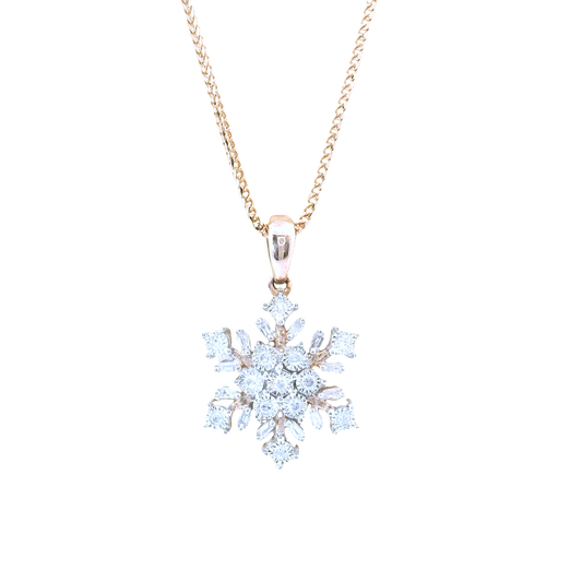 10K Rose Gold Diamond Snowflake Pendant 18 Inch Necklace Set 0.15 CTTW