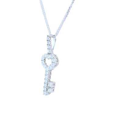 10K White Gold over Silver Round Cut Diamond Key Charm 18 Inch Necklace Set