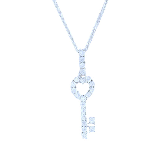 10K White Gold over Silver Round Cut Diamond Key Charm 18 Inch Necklace Set
