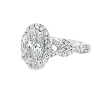 14K White Gold Engagement Ring with Vine Multistone & Oval Cut Lab Diamond VS 1.49CT/CT1.0
