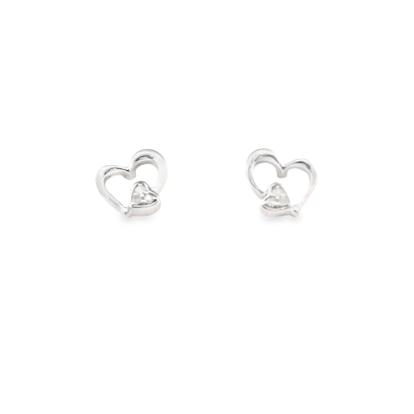Sterling Silver over Heart Diamond Stud Earrings