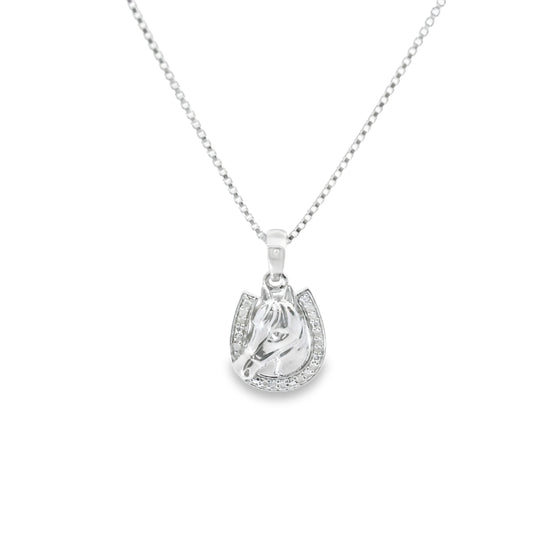 Sterling Silver Horseshoe Pendant Charm 18 Inch Necklace with Round Diamonds Set