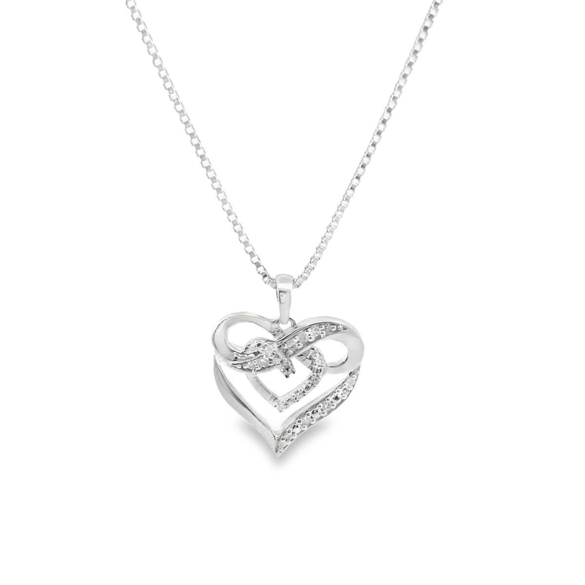 Sterling Silver Heart Pendant 18 inch Necklace with Round Cut Diamonds Set