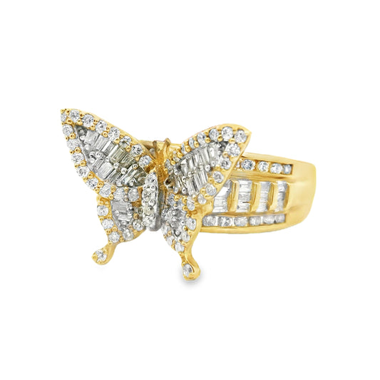 10K Yellow Gold Fancy Baguette with Round Cut Diamond Butterfly Ring 0.78 CTTW