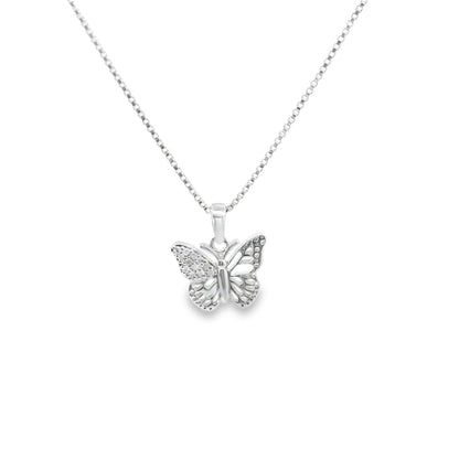 Sterling Silver 18 Inch Necklace Set with Elegant Mini Butterfly Diamond Charm