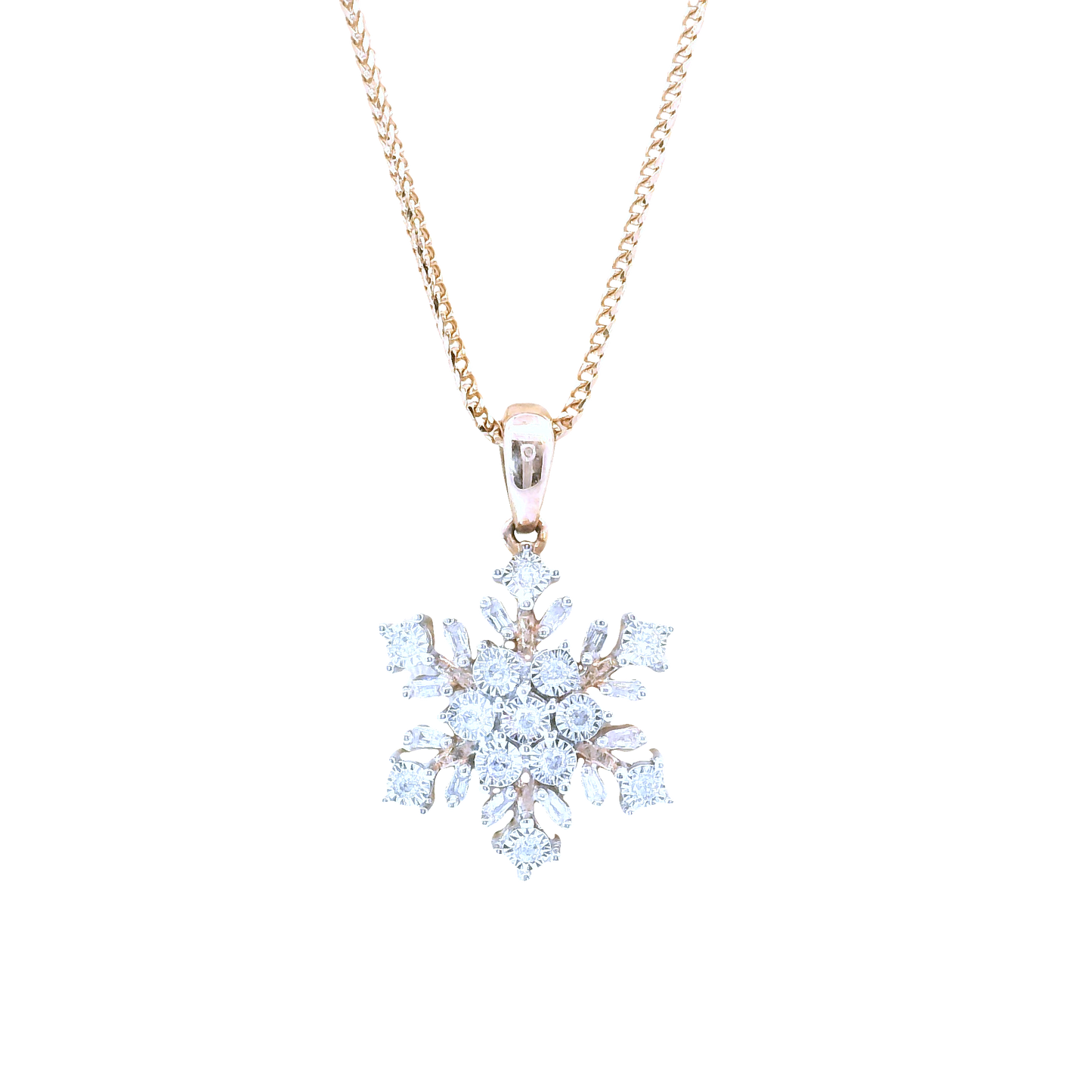 10K Rose Gold Diamond Snowflake Pendant 18 Inch Necklace Set 0.15 CTTW