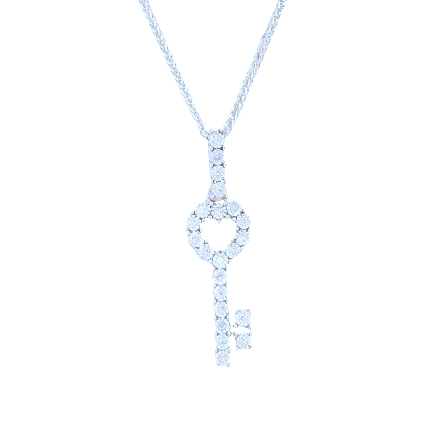 10K White Gold over Silver Round Cut Diamond Key Charm 18 Inch Necklace Set