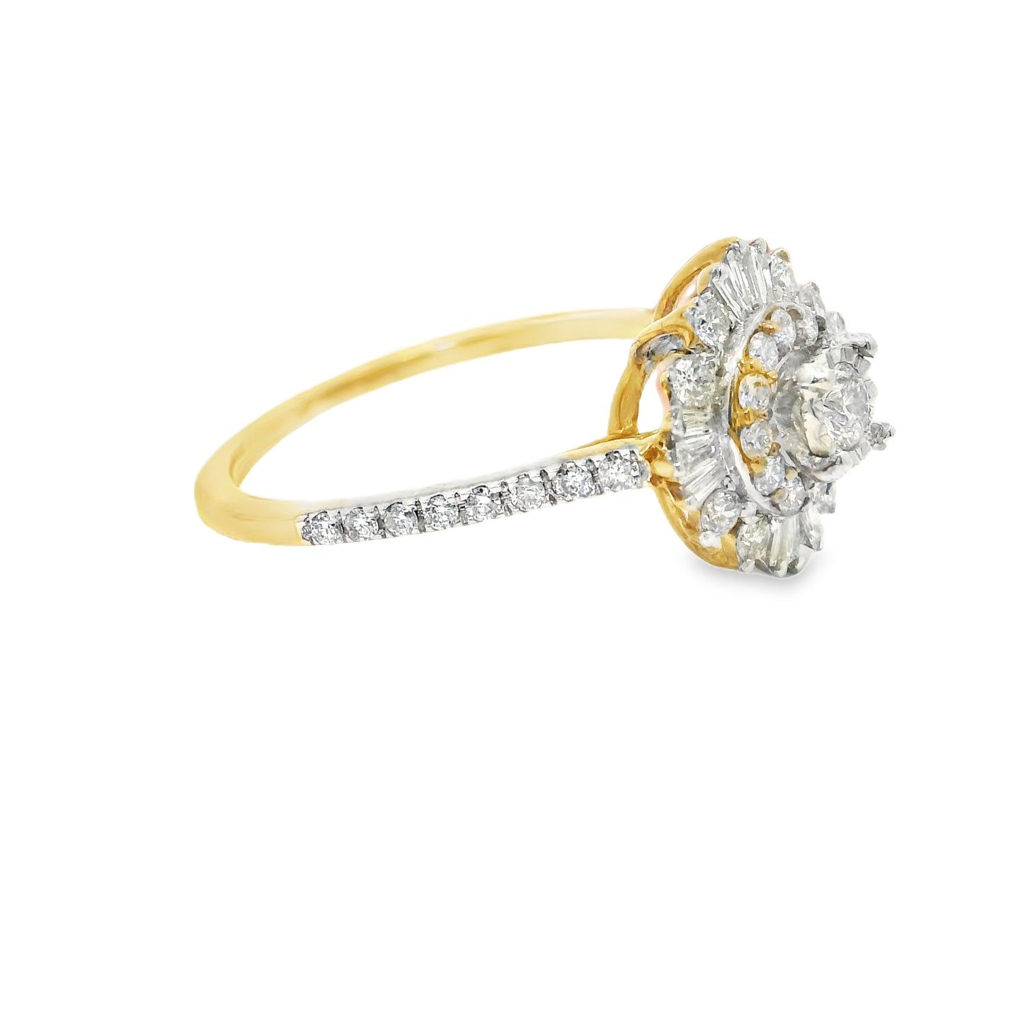 10K Yellow Gold Fancy Floral Ring with Baguette & Round Cut Diamonds 0.59 CTTW