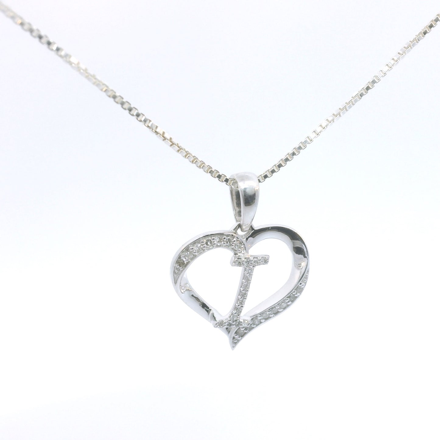 Sterling Silver Necklace with Elegant Heart Initial Diamond Pendent image 0
