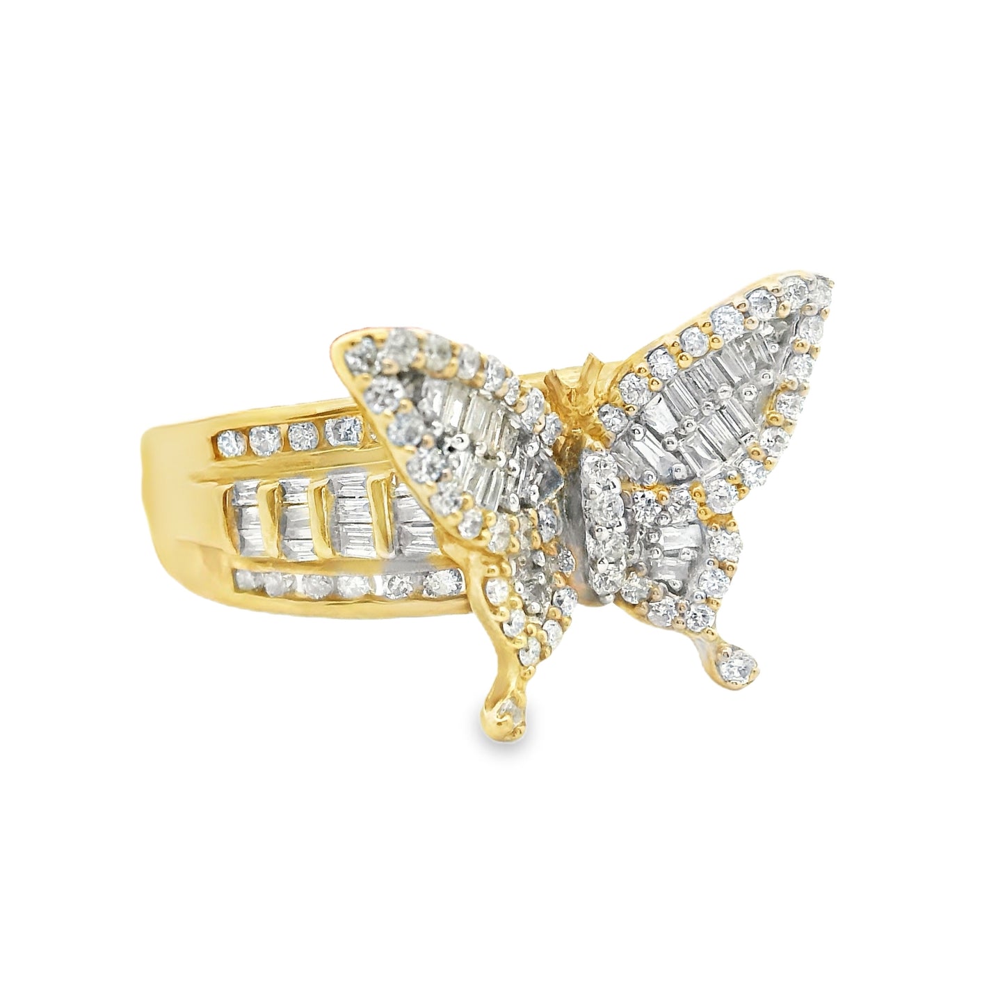 10K Yellow Gold Fancy Baguette with Round Cut Diamond Butterfly Ring 0.78 CTTW