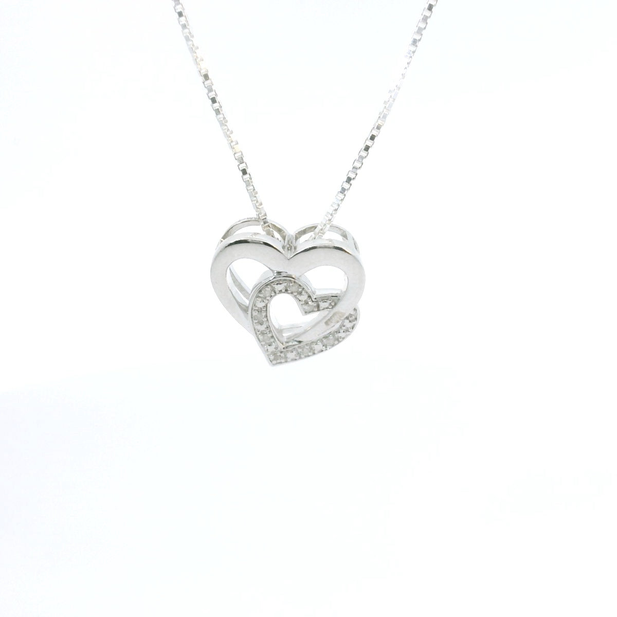 Sterling Silver Diamond Duo Heart Charm 18 Inch Necklace Set