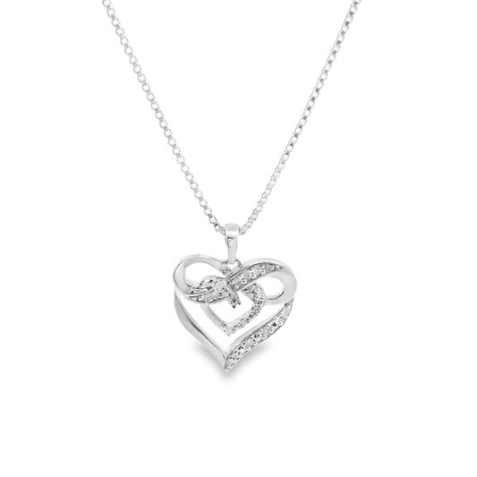 Sterling Silver Heart Pendant 18 inch Necklace with Round Cut Diamonds Set