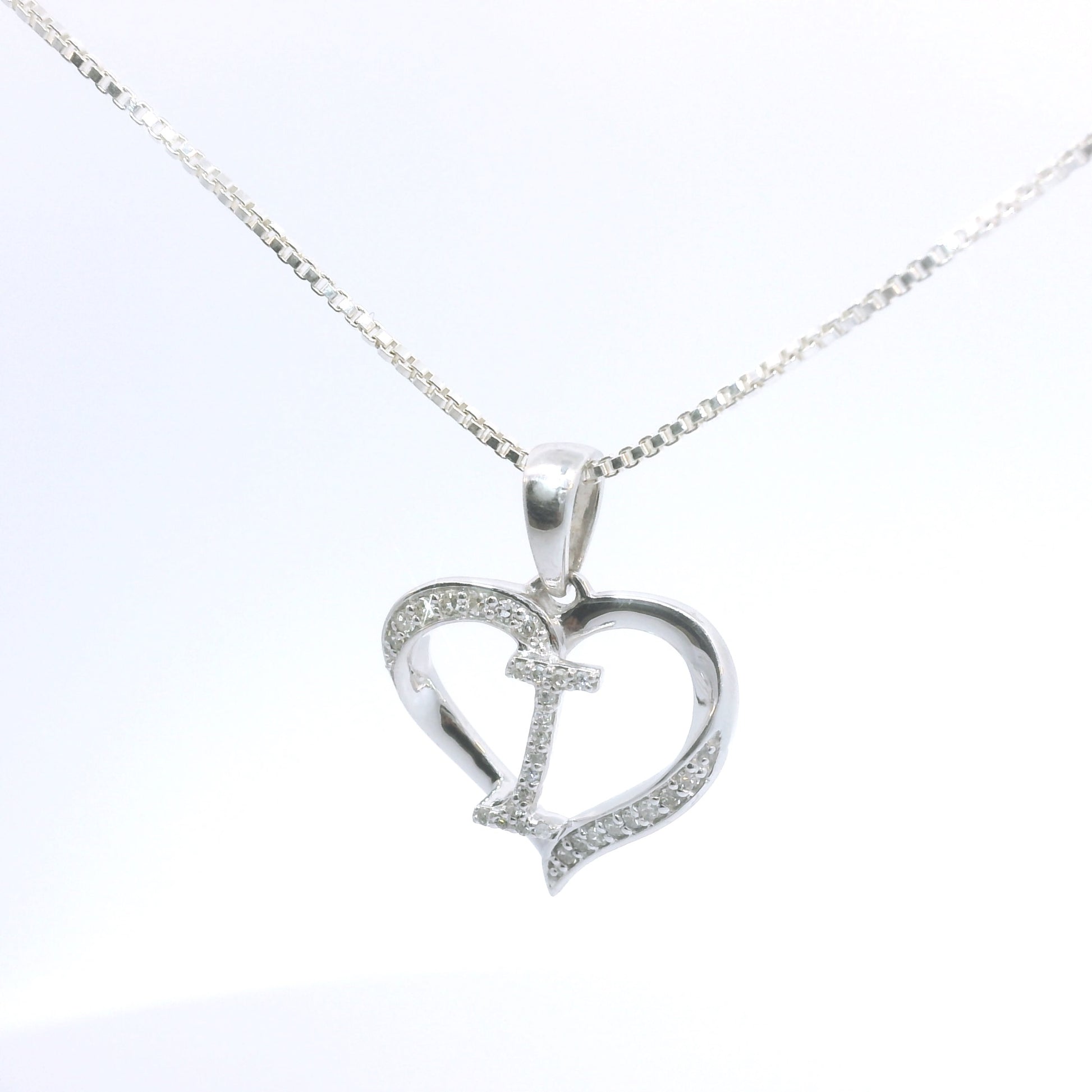 Sterling Silver Necklace with Elegant Heart Initial Diamond Pendent image 1