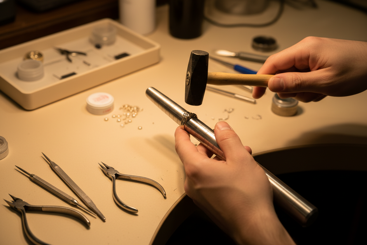 Showcase a ring being resized on a ring stick in a beige background